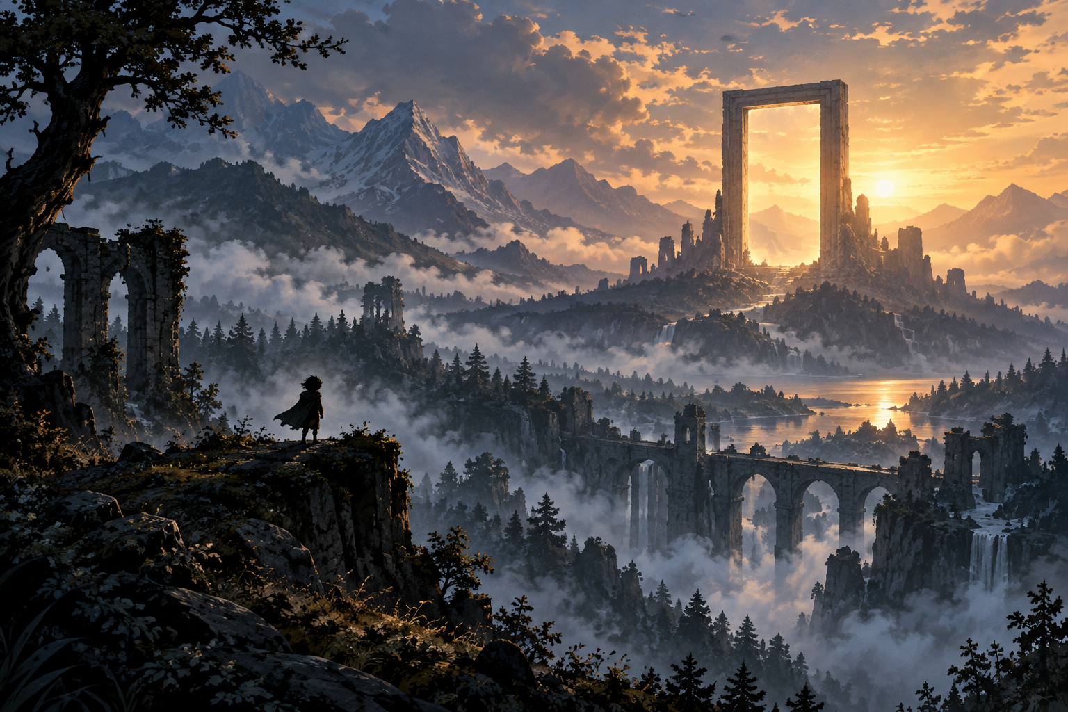 A lone figure overlooking a misty valley and a glowing frame