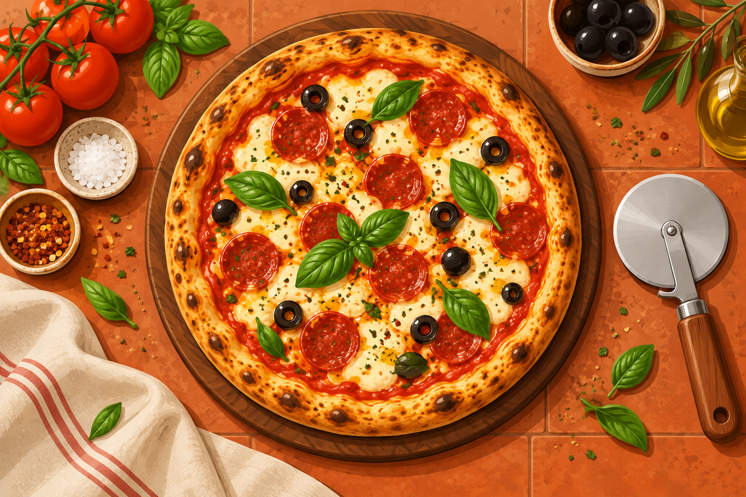 Illustrated pizza and cutter on a wooden board